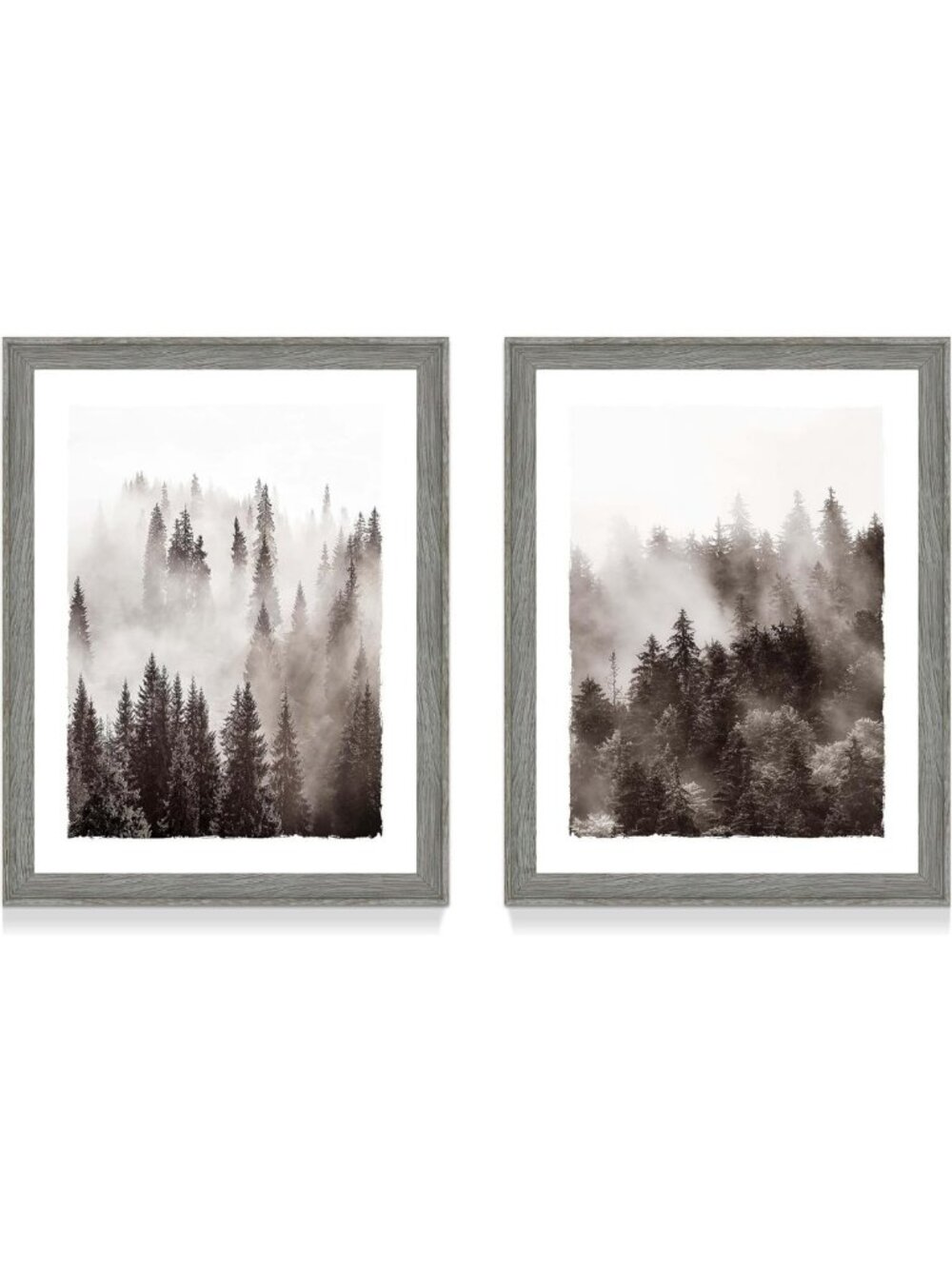 Misty Pine Tree Wall Art Set - 2 Piece Black & White Nature Landscape Prints